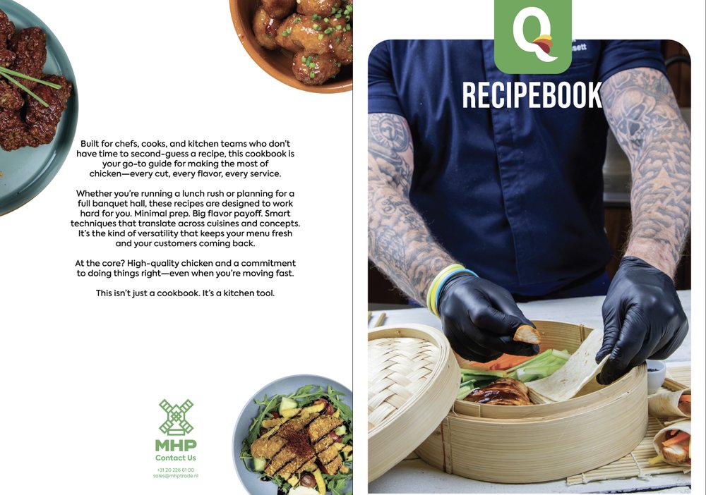 Qualiko recipe book cover spread with a chef preparing a chicken doner kebab